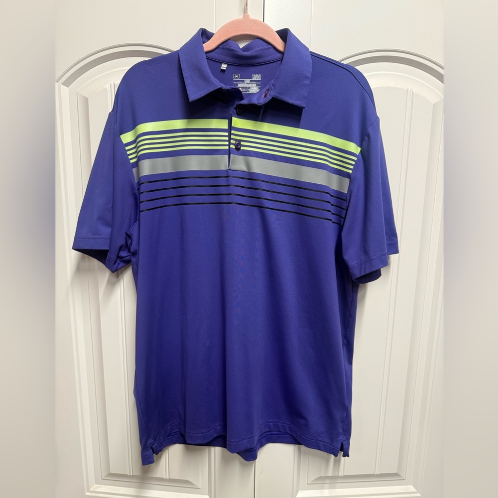 Under Amour Men's Heat Gear Polo with Green, Gray and Black Stripes Size Large